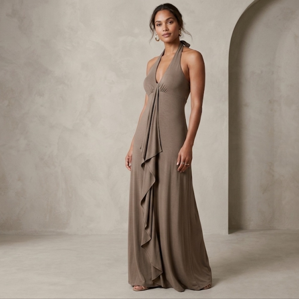 NWT Tommy Bahama Tambour Cascading Halter Maxi Dress Brown Viscose Size XL